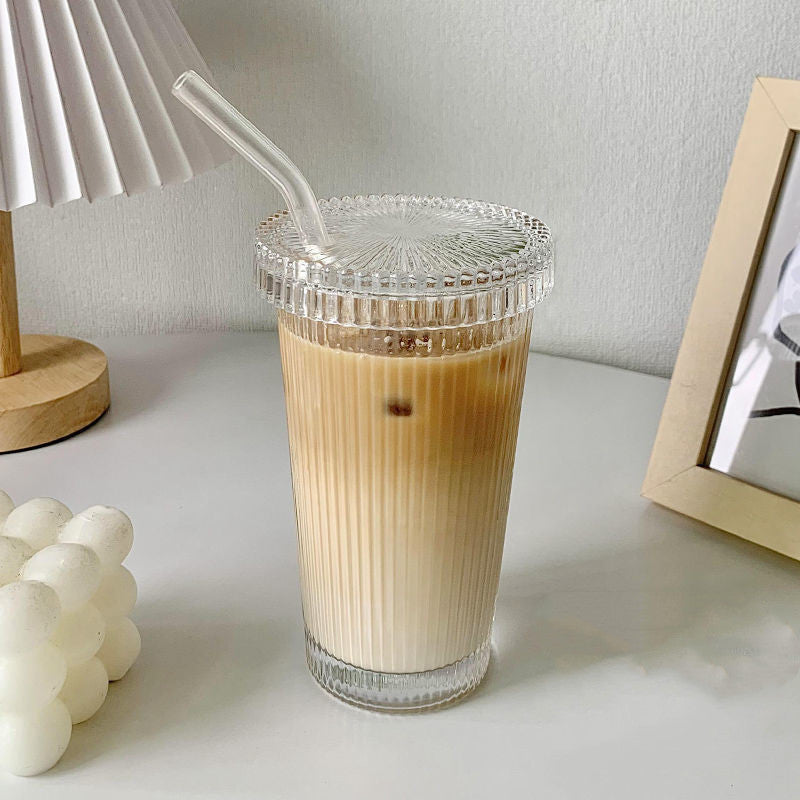 Reusable Glass Straw Cup with Lid – Vertical Grain Design