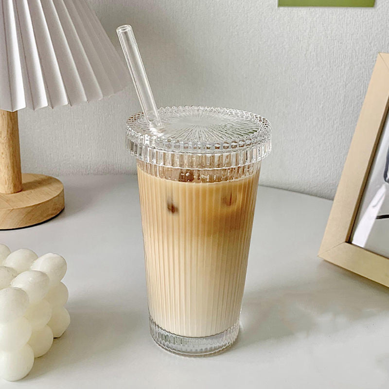 Reusable Glass Straw Cup with Lid – Vertical Grain Design