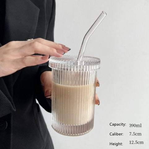 Reusable Glass Straw Cup with Lid – Vertical Grain Design