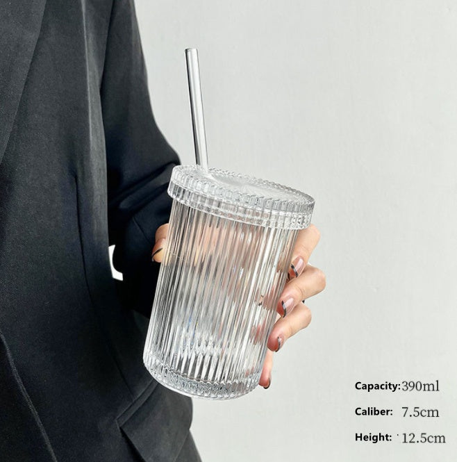 Reusable Glass Straw Cup with Lid – Vertical Grain Design