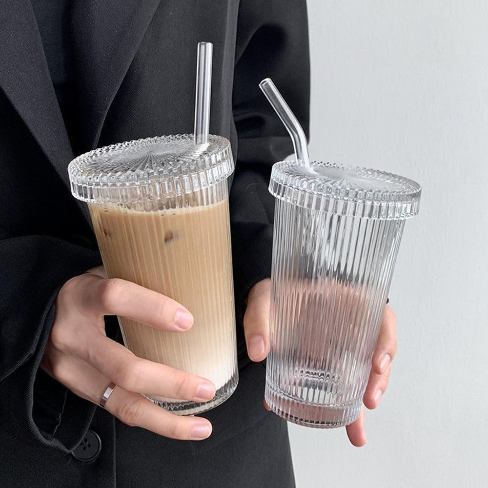 Reusable Glass Straw Cup with Lid – Vertical Grain Design